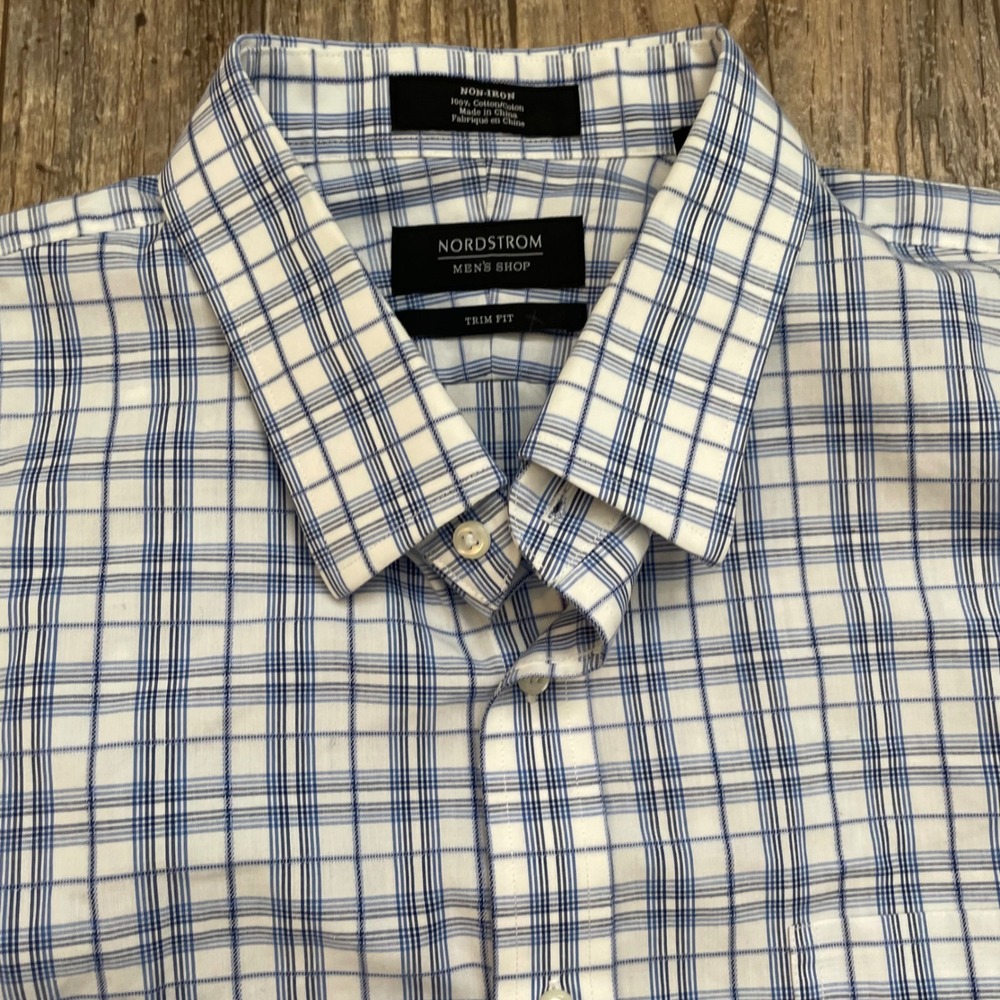 Nordstrom Mens Shop Trim‎ Fit NonIron Dress Shirt Blue White Plaid Sz 17 1/2 36